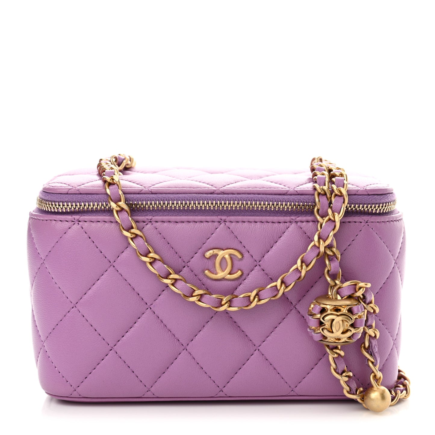 Lambskin Quilted Pearl Crush Small Vanity Case With Chain Purple