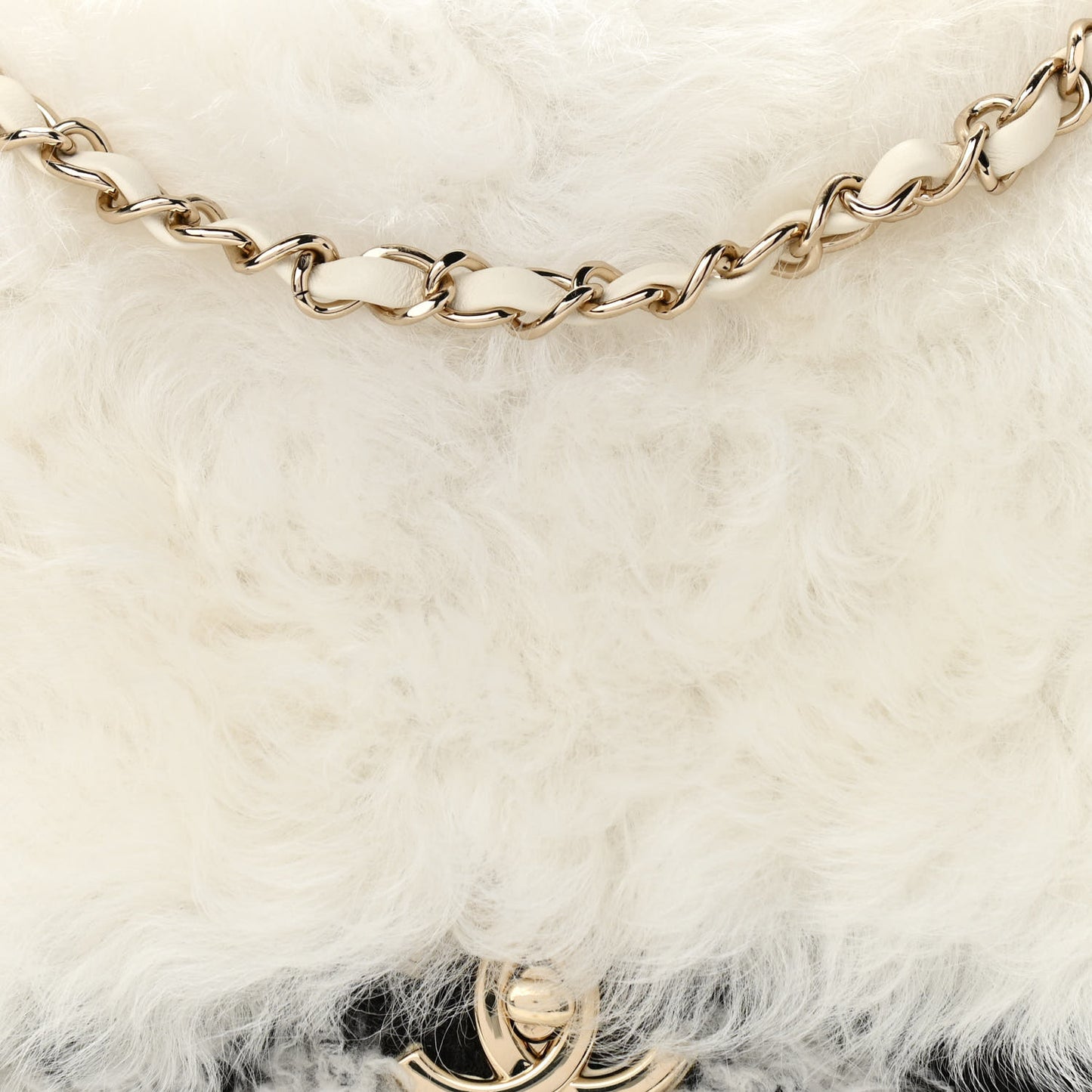 Wool Shearling Sheepskin Zip Around Flap Black Ecru