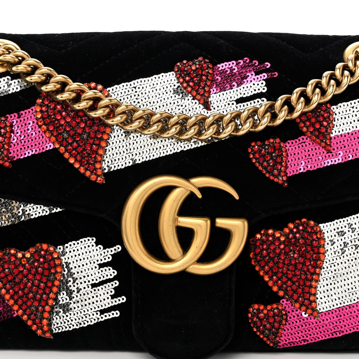 Velvet Matelasse Crystal Sequin Heart Embroidered GG Marmont Small Bag Black