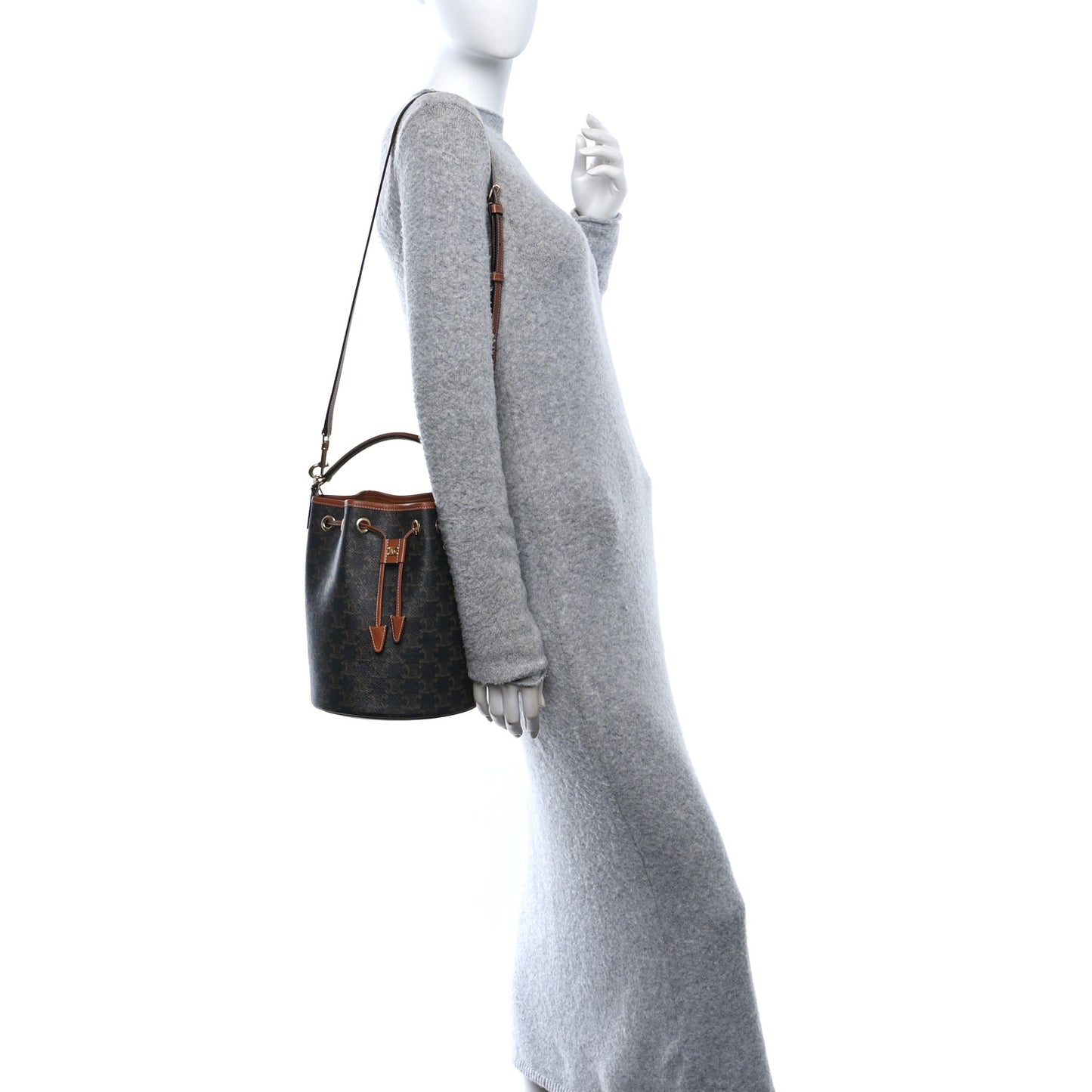 Triomphe Canvas Calfskin Clara Drawstring Bucket Bag Tan