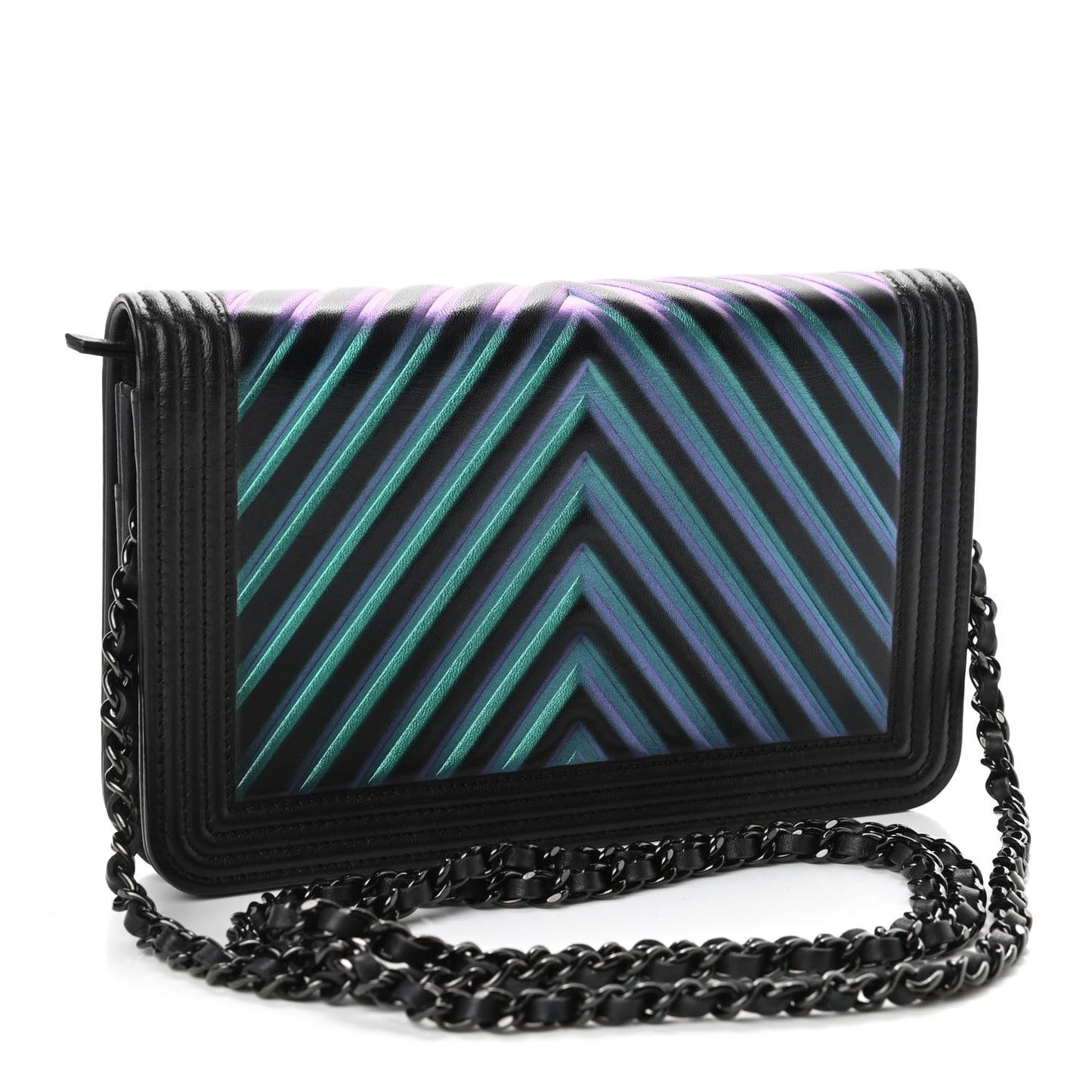 Calfskin Painted Chevron Embossed Boy Wallet On Chain WOC Black