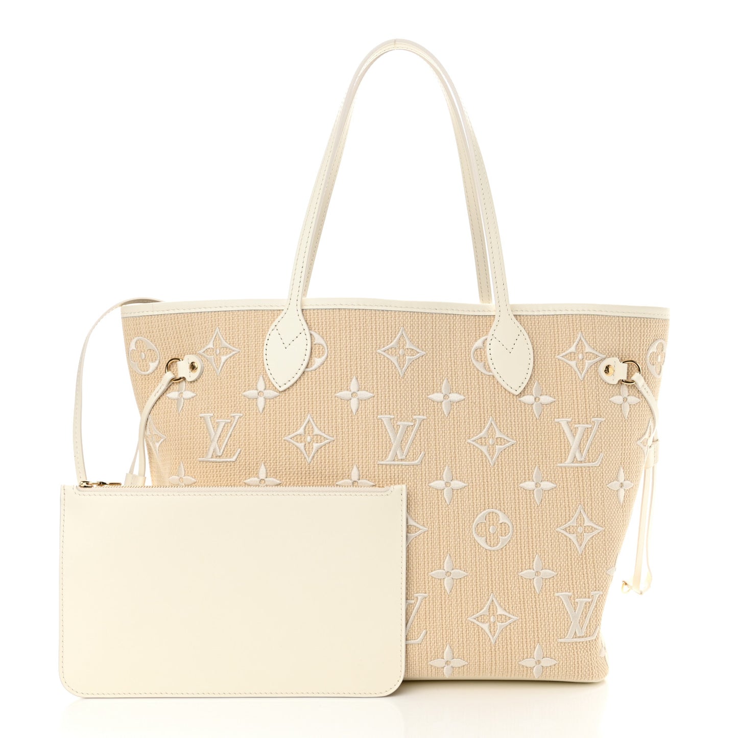 Cotton Monogram Embroidered Neverfull MM Beige White