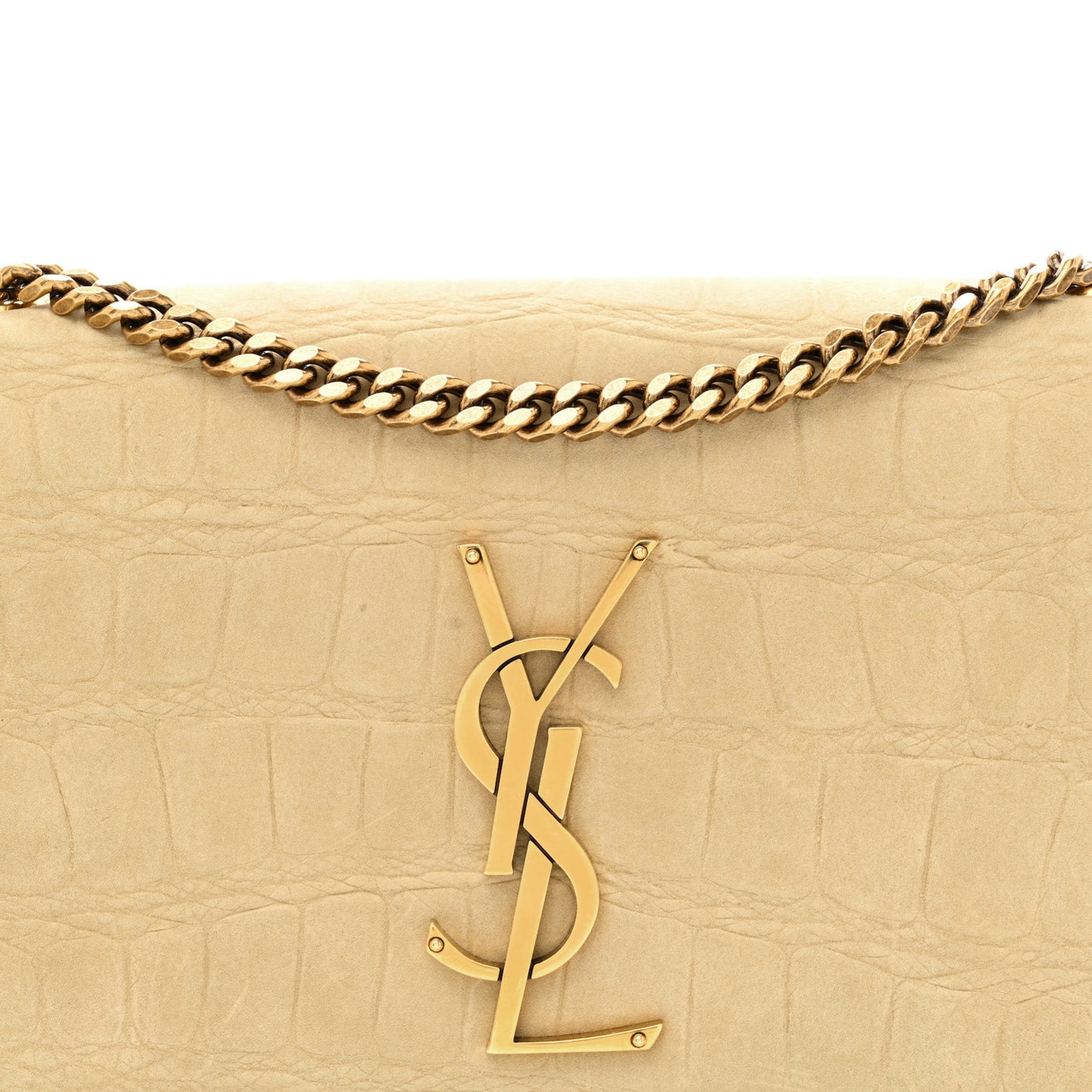 Crocodile Embossed Nubuck Small Monogram Kate Satchel Nougat Beige