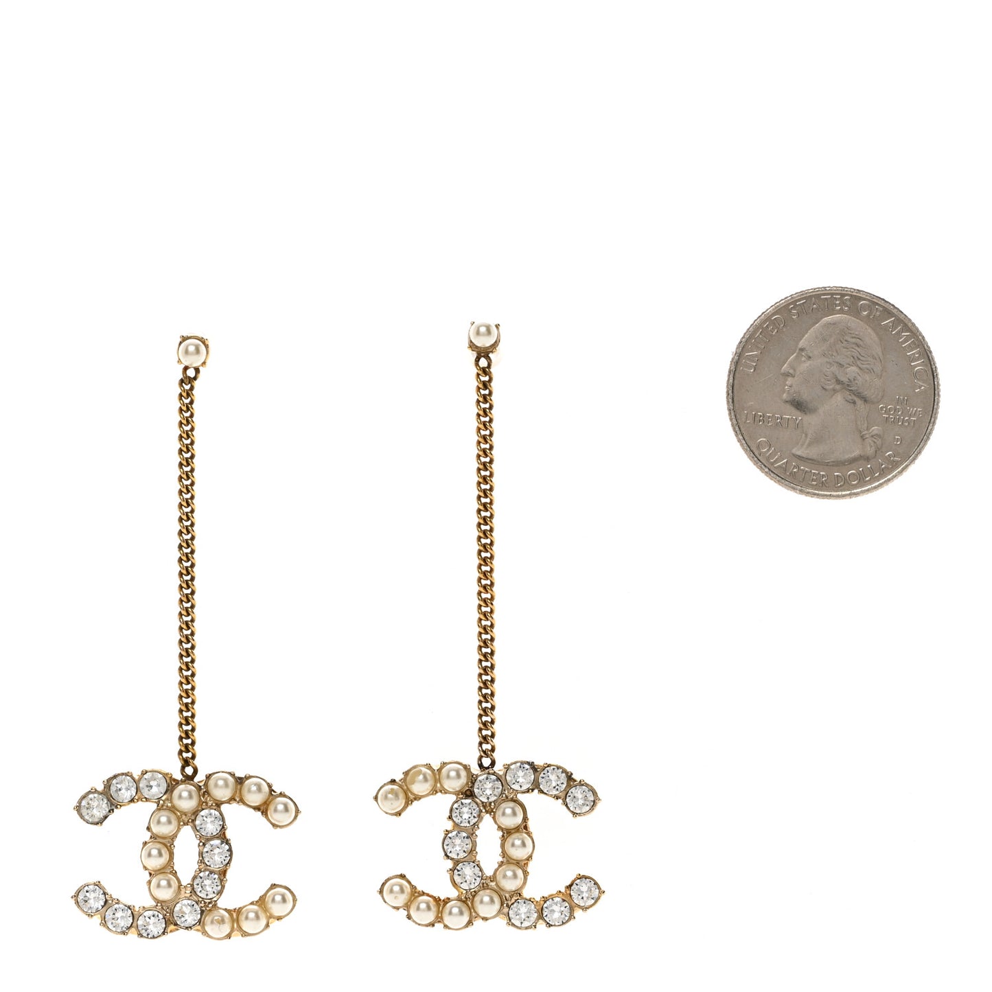Pearl Crystal CC Chain Drop Earrings Gold White
