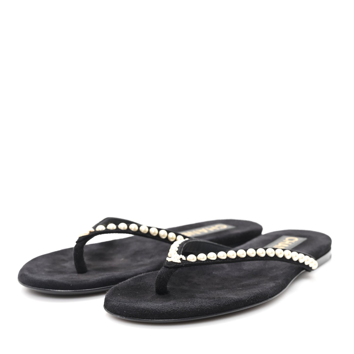 Suede Pearl Strass CC Thong Sandals 35.5 Black