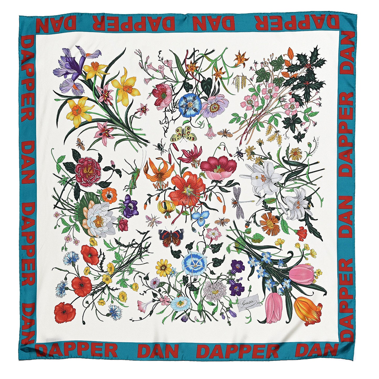 X DAPPER DAN Silk Flora Square Scarf Ivory Sky Blue