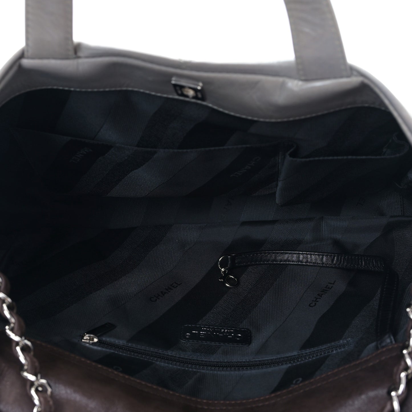 Glazed Calfskin Quilted Portobello Tote Grey Dark Brown