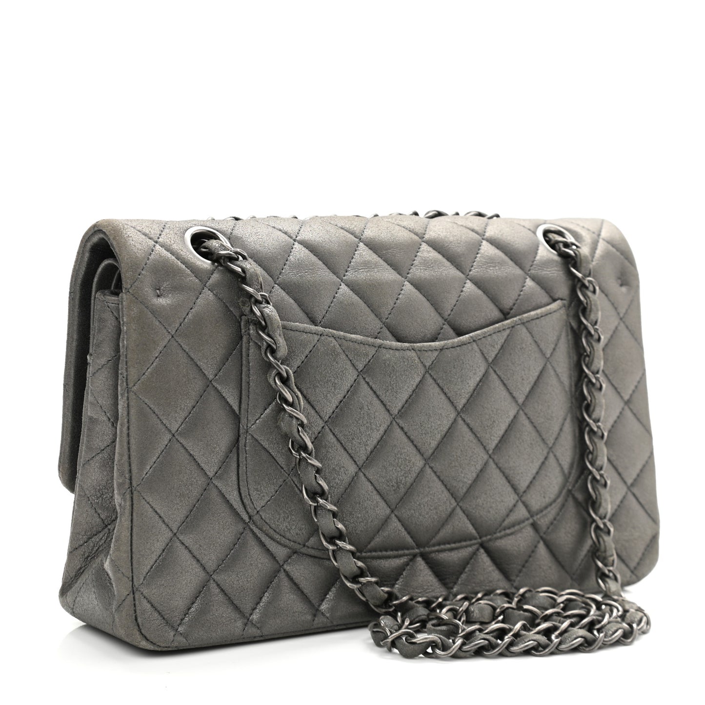 Metallic Lambskin Quilted Medium Double Flap Pewter