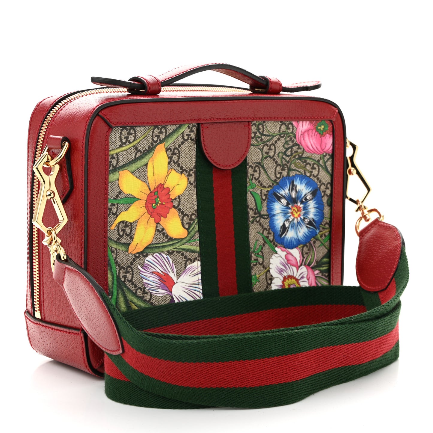 GG Supreme Monogram Flora Web Small Ophidia Top Handle Shoulder Bag Hibiscus Red