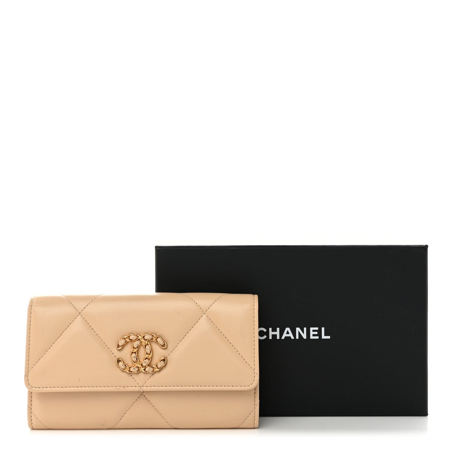 Shiny Goatskin Quilted Chanel 19 Flap Wallet Beige