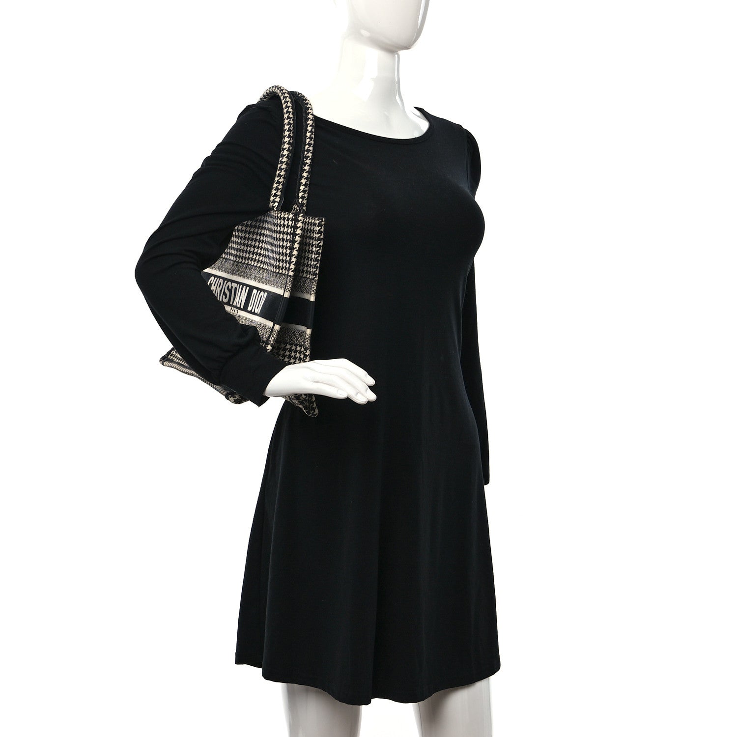 Christian Dior Canvas Houndstooth Embroidered Medium Book Tote Black White 2 of 9