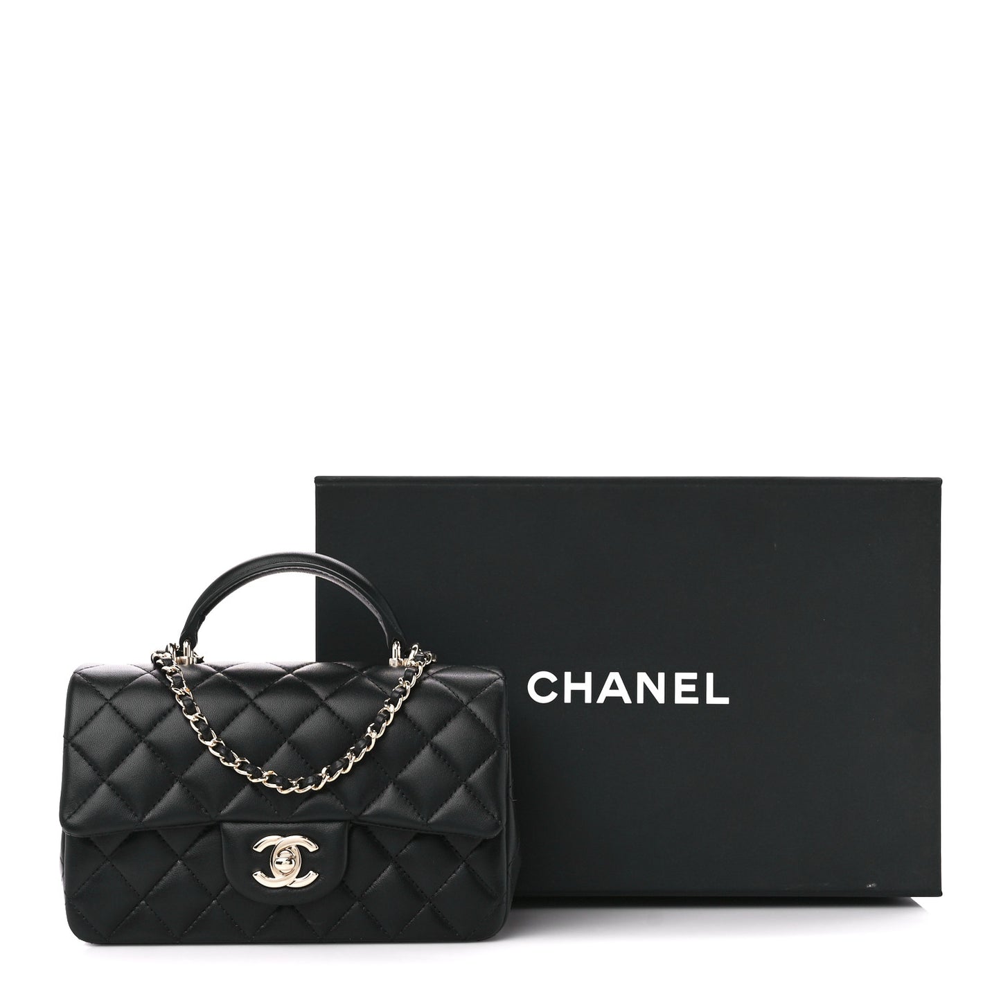 Lambskin Quilted Mini Top Handle Rectangular Flap Black
