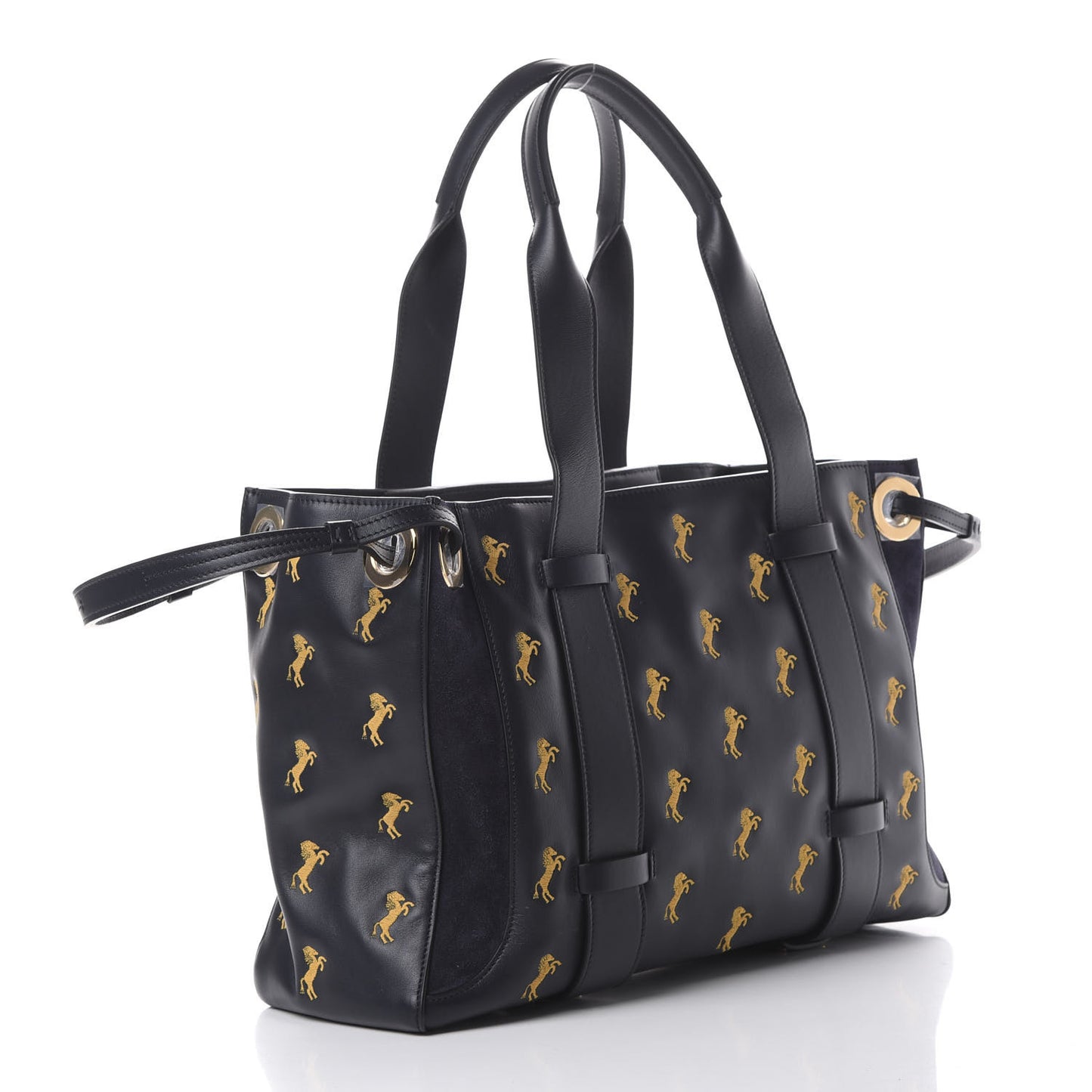 Smooth Calfskin Little Horses Embroidered Tao Zipped Tote Full Blue