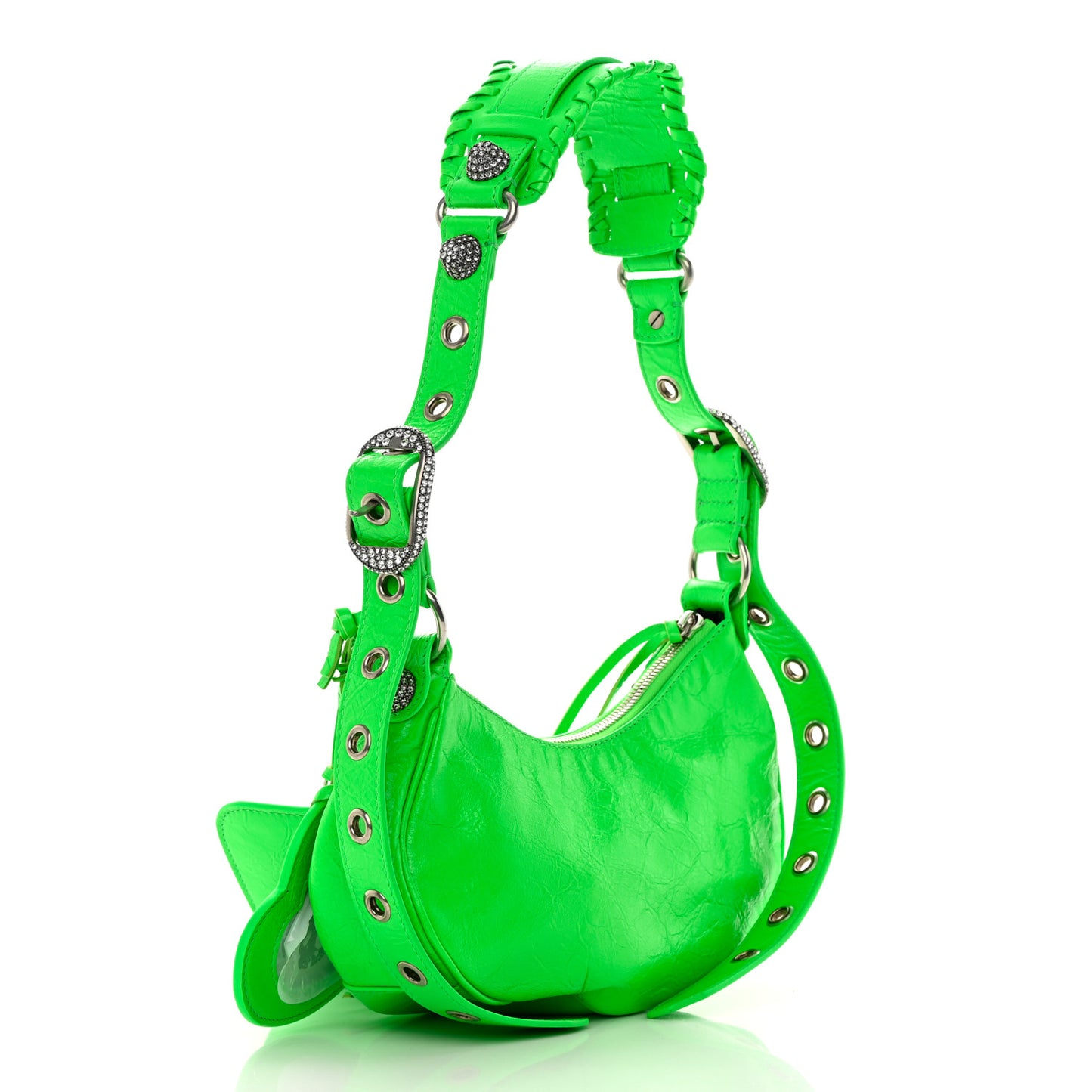 Agneau Arena Crystal Le Cagole Shoulder Bag XS Fluo Green