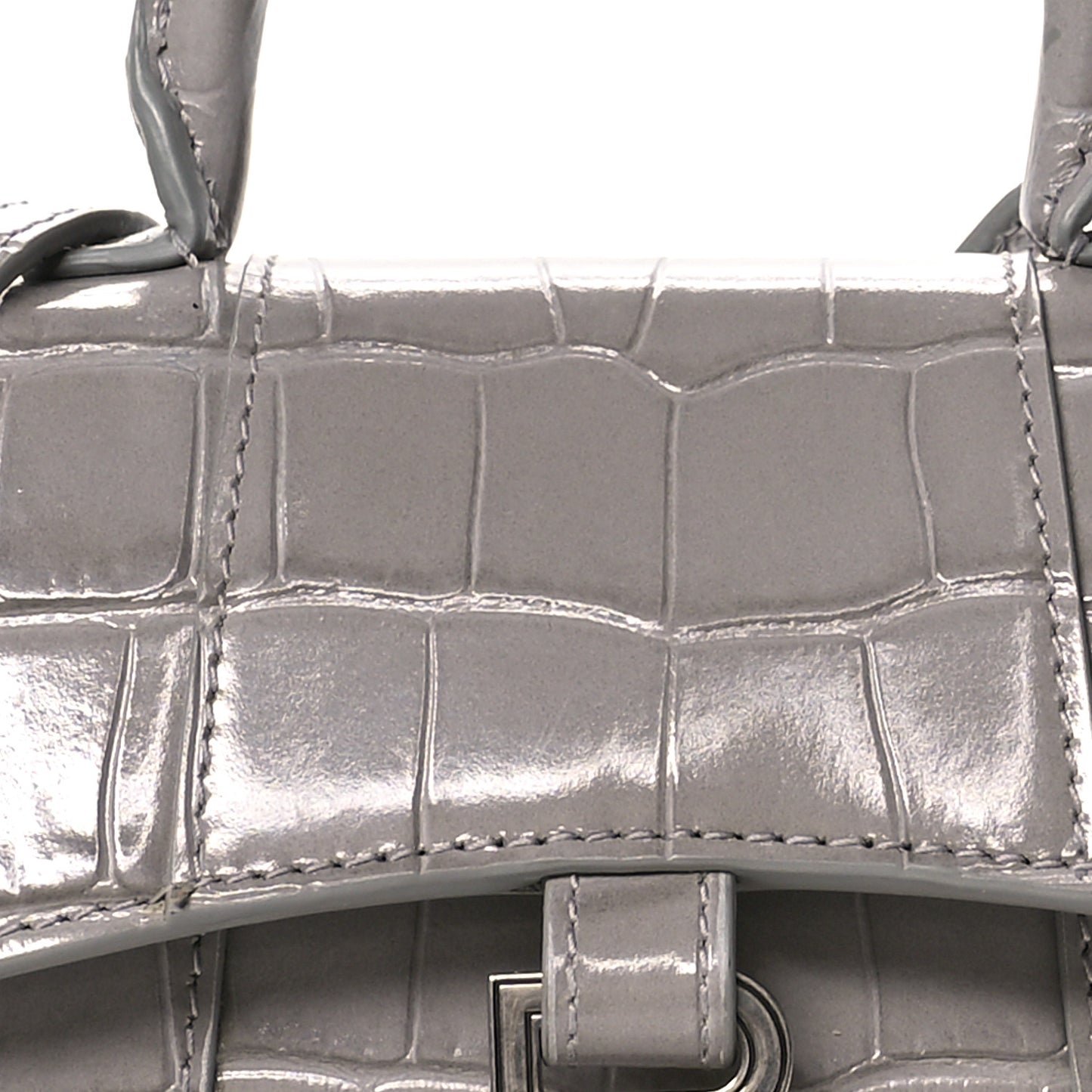 Shiny Calfskin Crocodile Embossed Hourglass Top Handle Bag Mini Steel Grey
