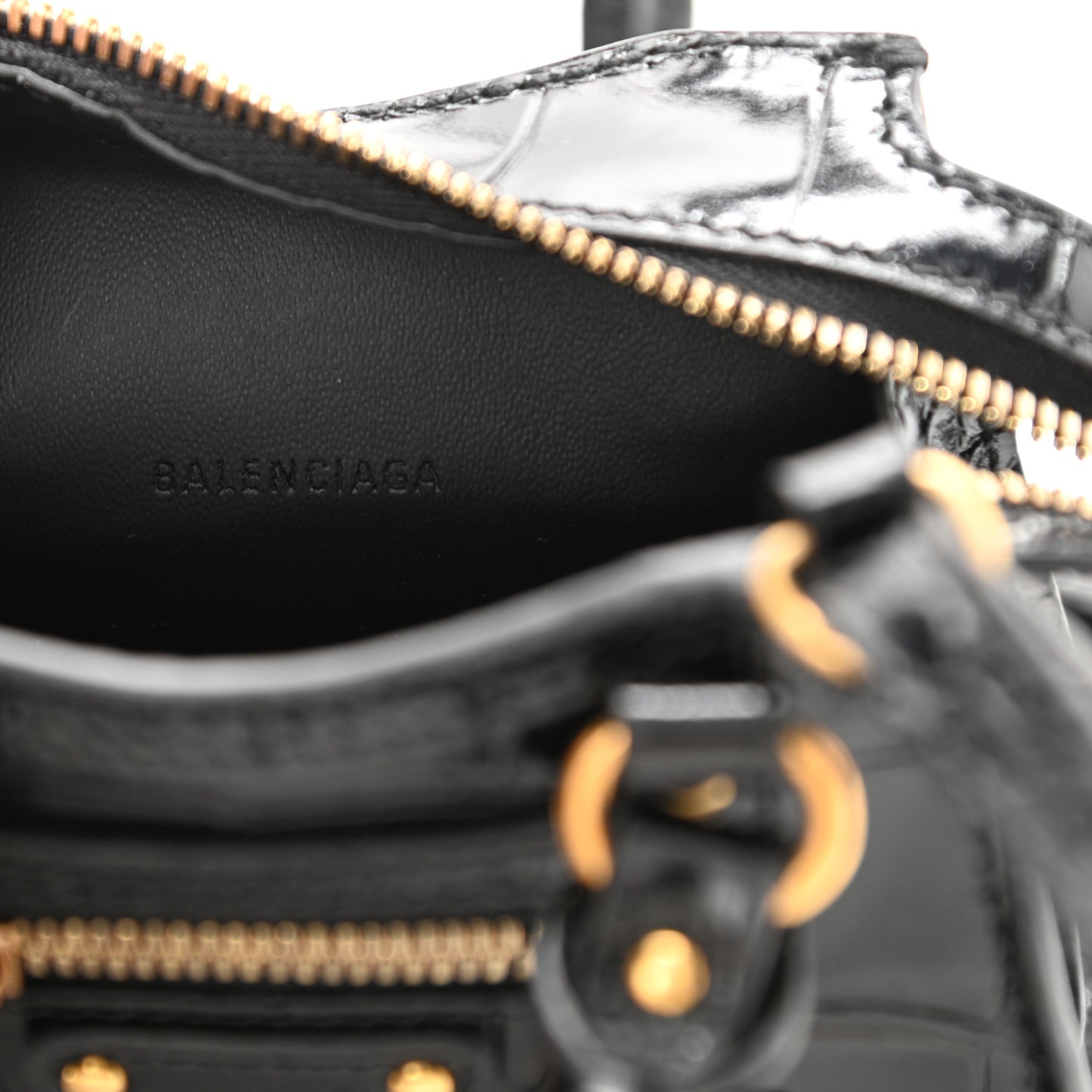 Shiny Supple Calfskin Crocodile Embossed Neo Classic Gold Hardware Super Nano City Crossbody Black