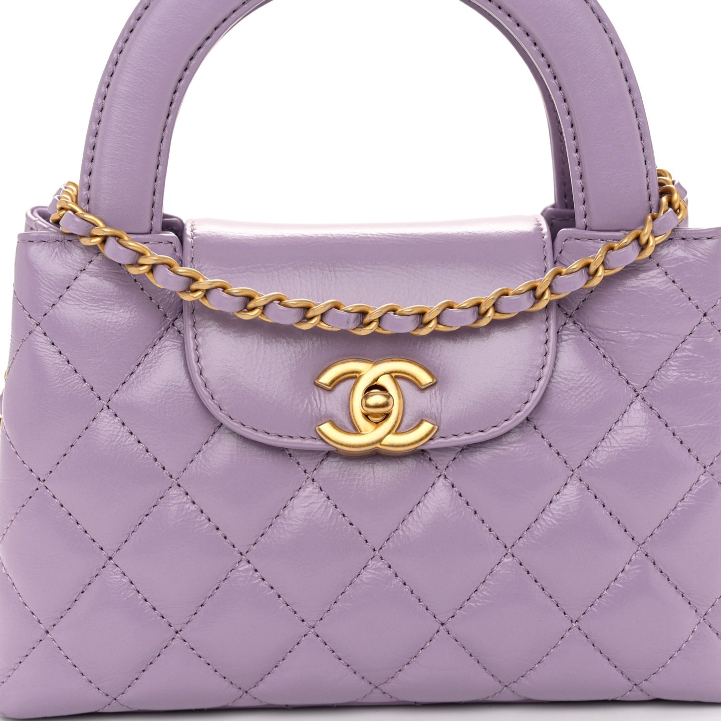 Shiny Aged Calfskin Quilted Nano Kelly Shopper Lilac