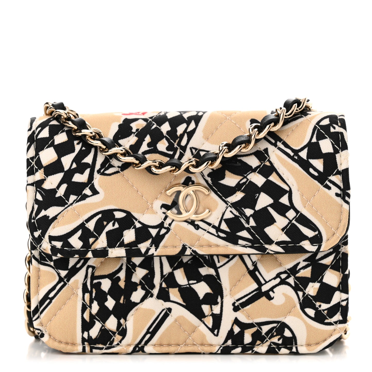 Canvas Check Flag Printed CC Clutch With Chain Beige Multicolor