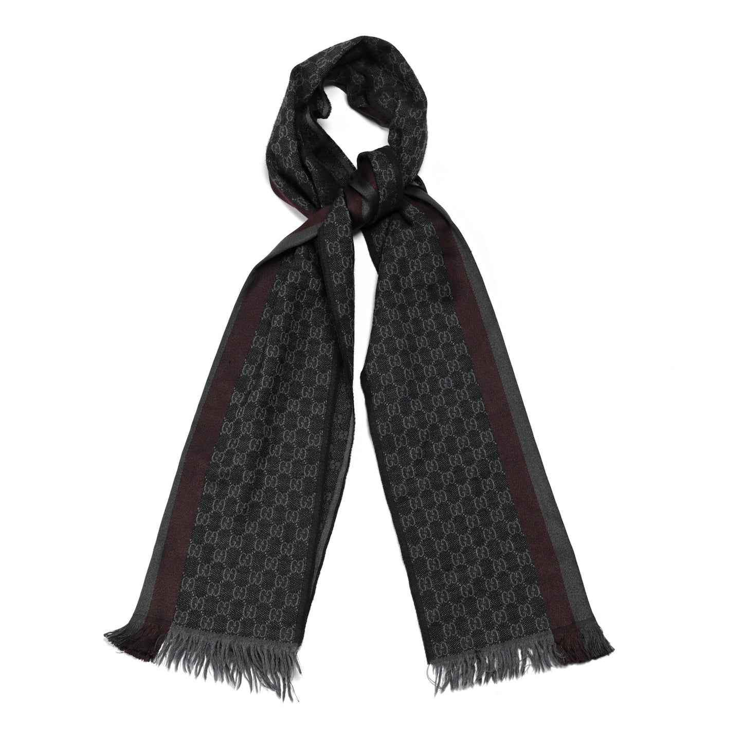 Wool Silk GG Monogram Web Verbier Fringe Scarf Charcoal