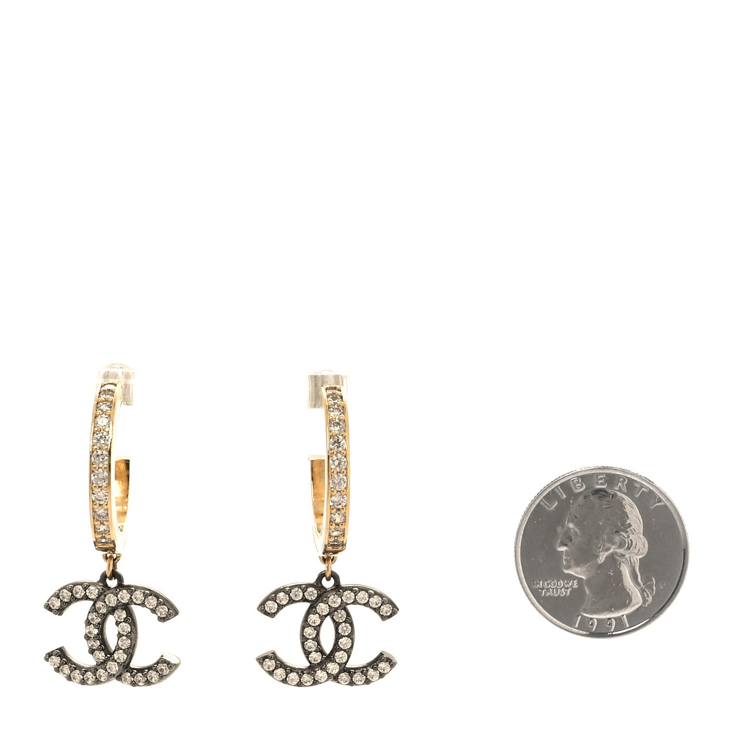 Chanel Crystal Lock Symbols CC Hoop Drop Earrings Gold Ruthenium 2 of 4