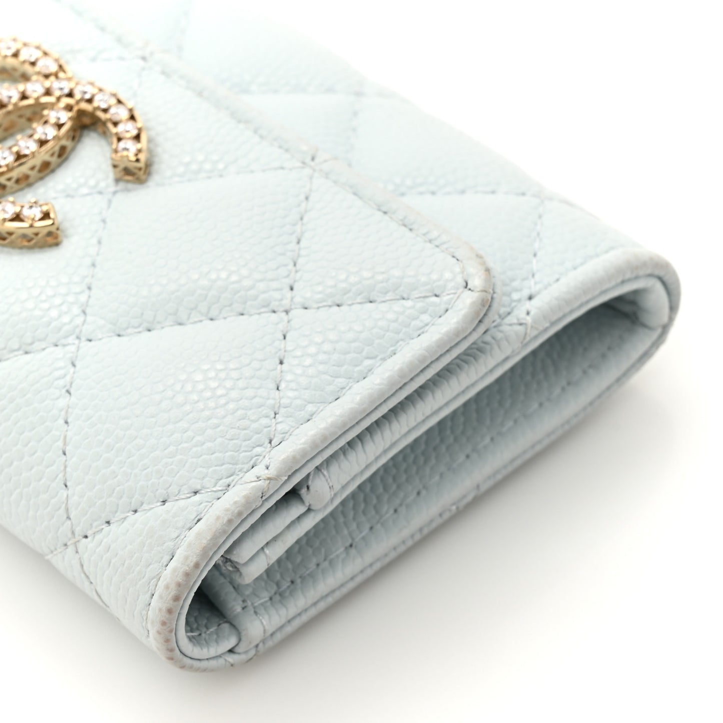 Shiny Caviar Quilted Crystal CC Flap Card Holder Light Blue