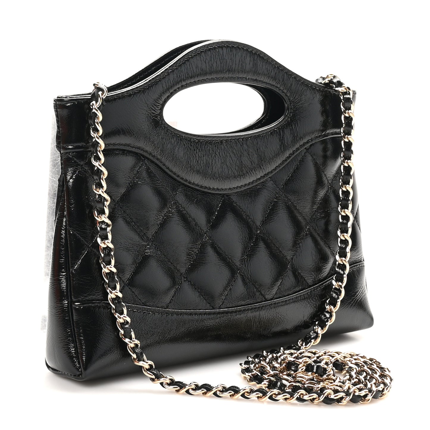 Shiny Crumpled Calfskin Quilted Nano 31 Shopping Bag Black