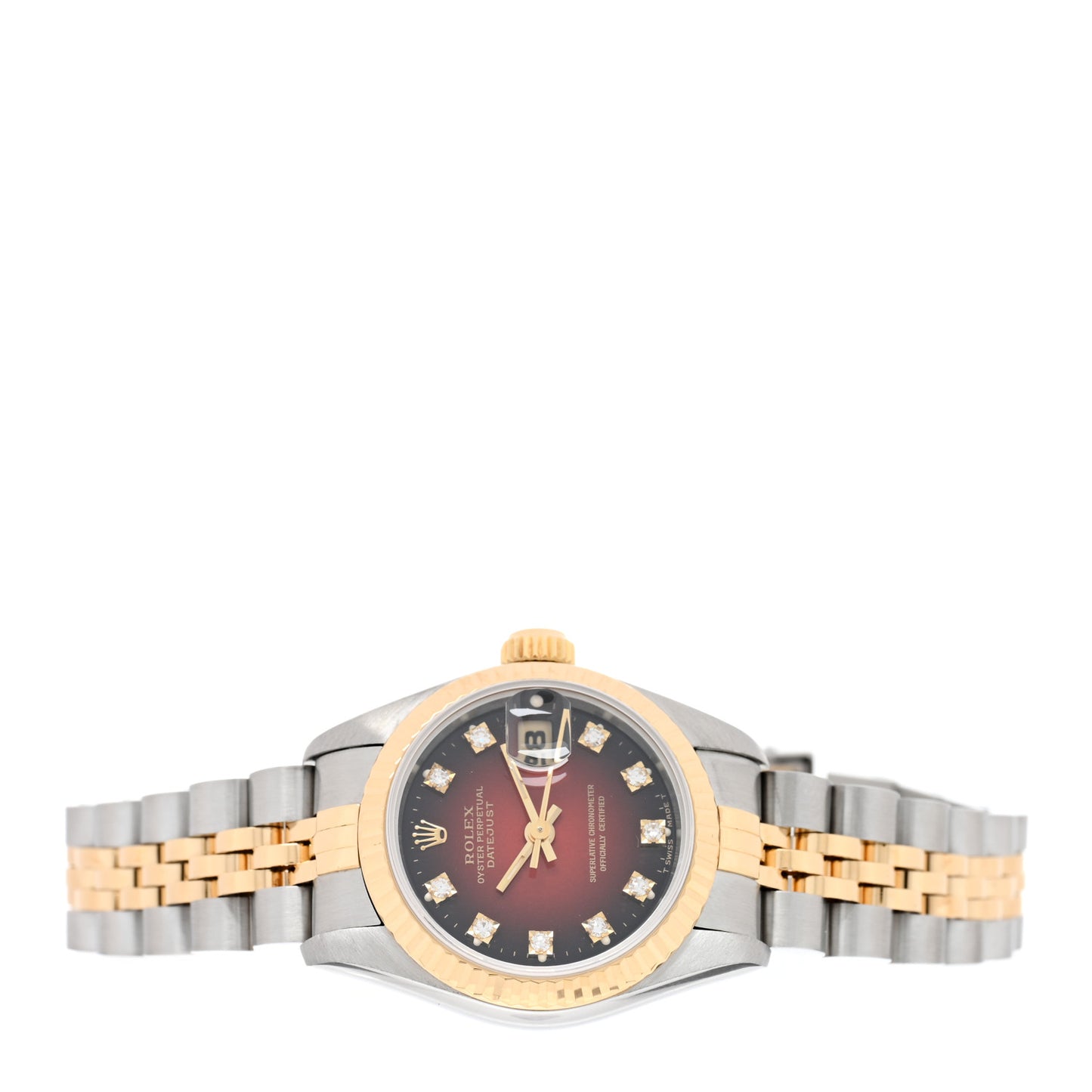 Stainless Steel 18K Yellow Gold Diamond 26mm Oyster Perpetual Datejust Watch Red Gradient 69173