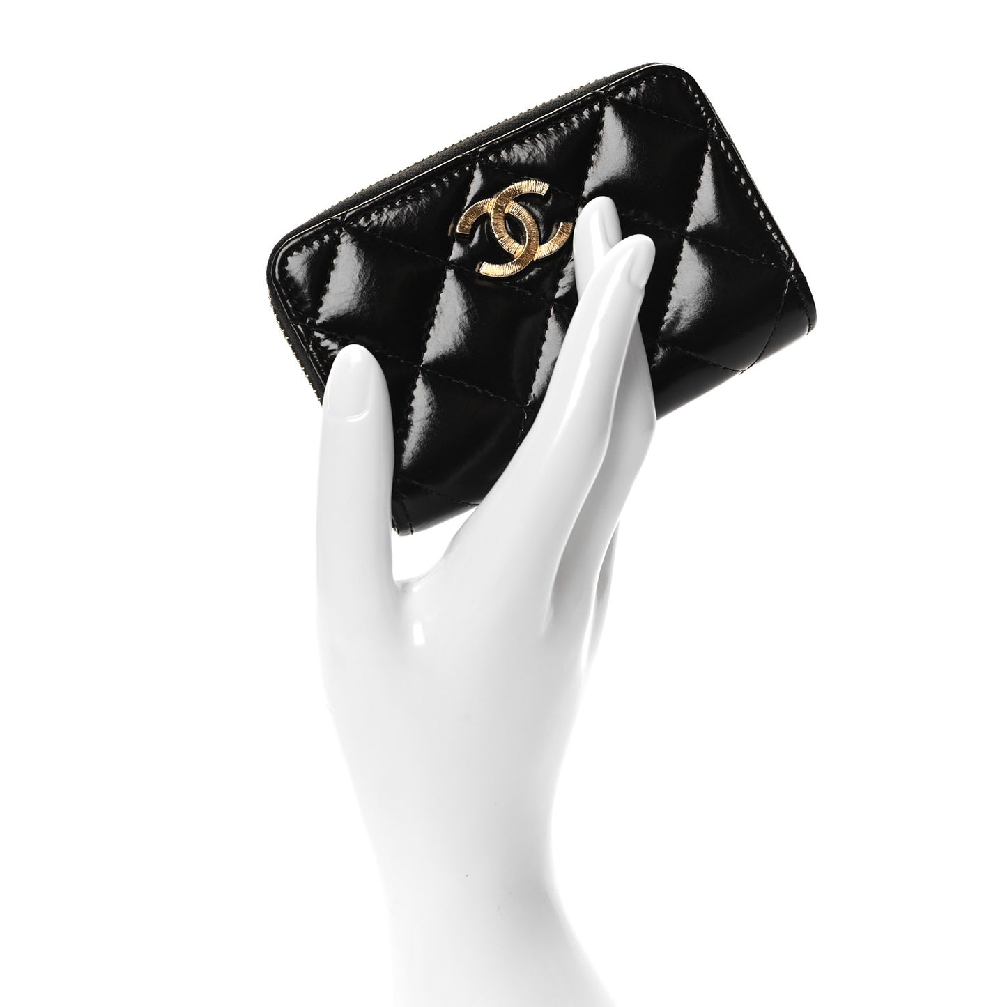 Shiny Lambskin Quilted Textured CC Zip Coin Purse Black