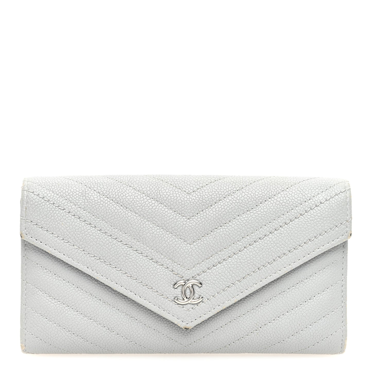 Caviar Chevron Quilted Large Gusset Flap Wallet Grey