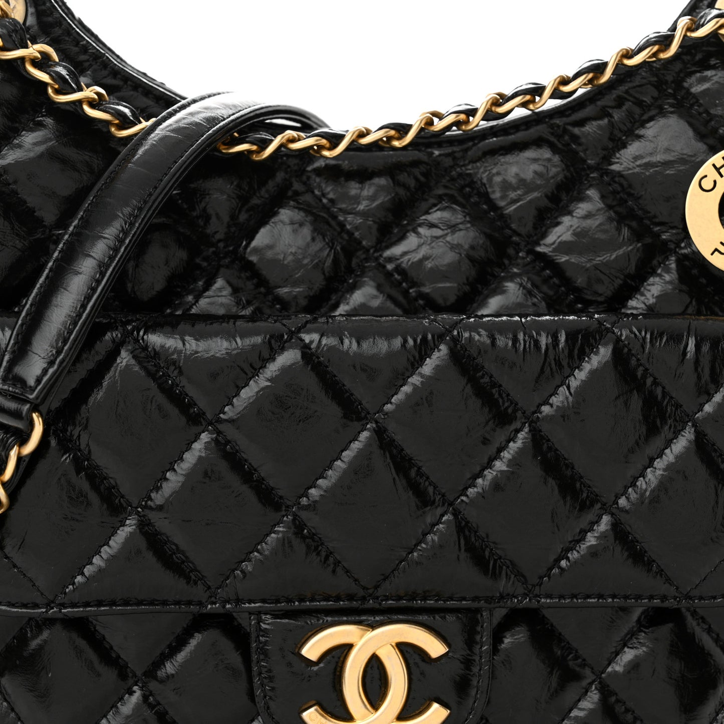 Shiny Crumpled Calfskin Quilted Wavy CC Hobo Black