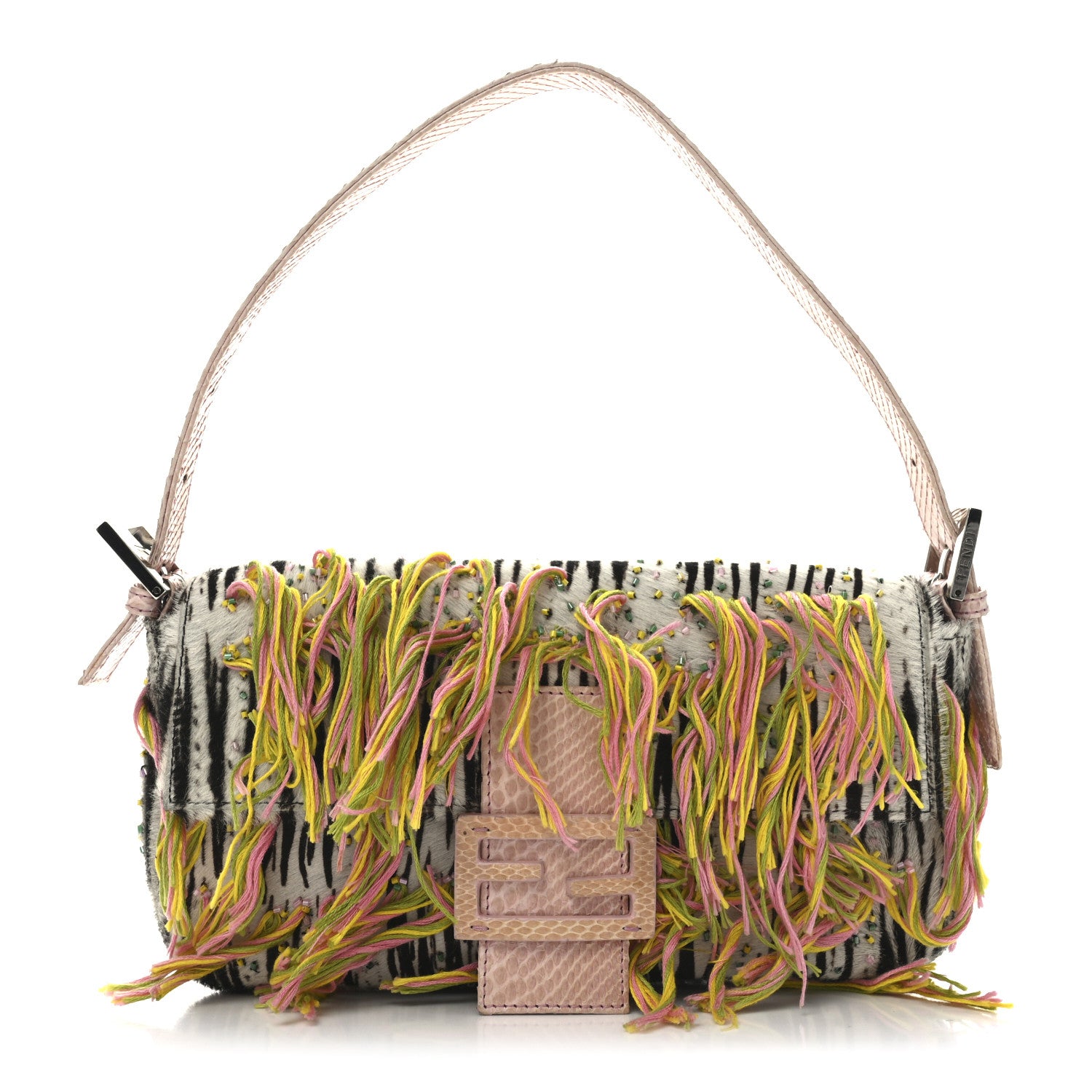 Fendi Calf Hair Snakeskin Zebra Print Beaded Fringe Baguette
