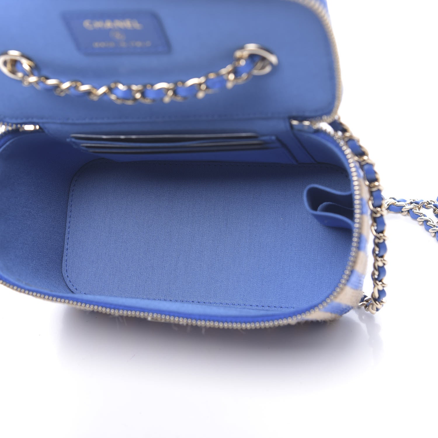 Chanel Raffia Jute Striped Small Vanity Case With Chain Blue Beige 5 of 11