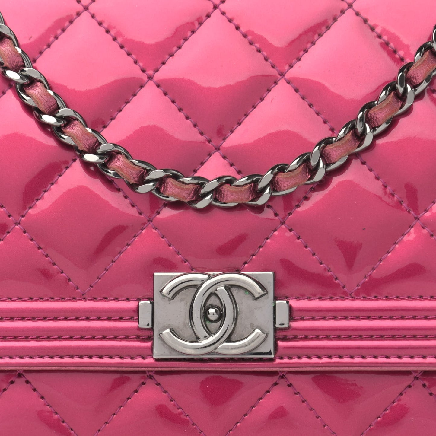 Metallic Patent Calfskin Quilted Boy Wallet On Chain WOC Fuchsia
