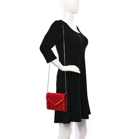 Pebbled Calfskin Rockstud Envelope Wallet on Chain Rouge Pur