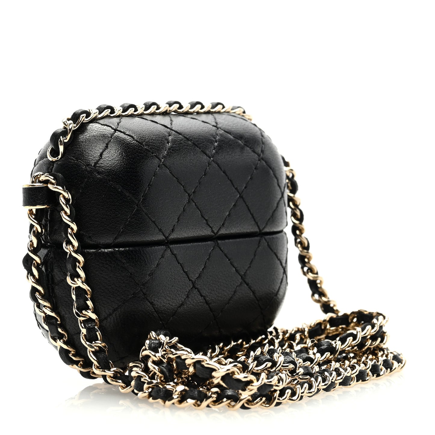 Lambskin Quilted Chain Around Airpods Pro Case With Chain Black