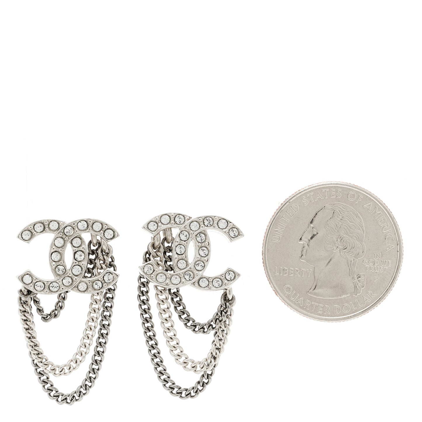 Crystal Chain CC Earrings Silver