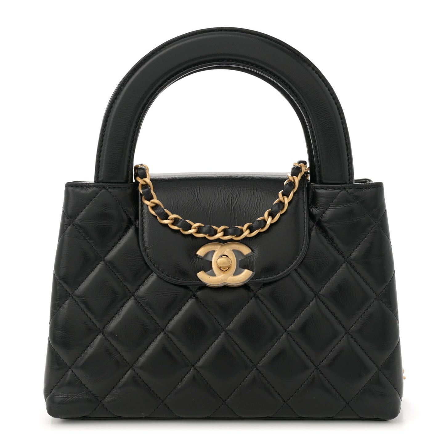 Shiny Aged Calfskin Quilted Nano Kelly Shopper Black