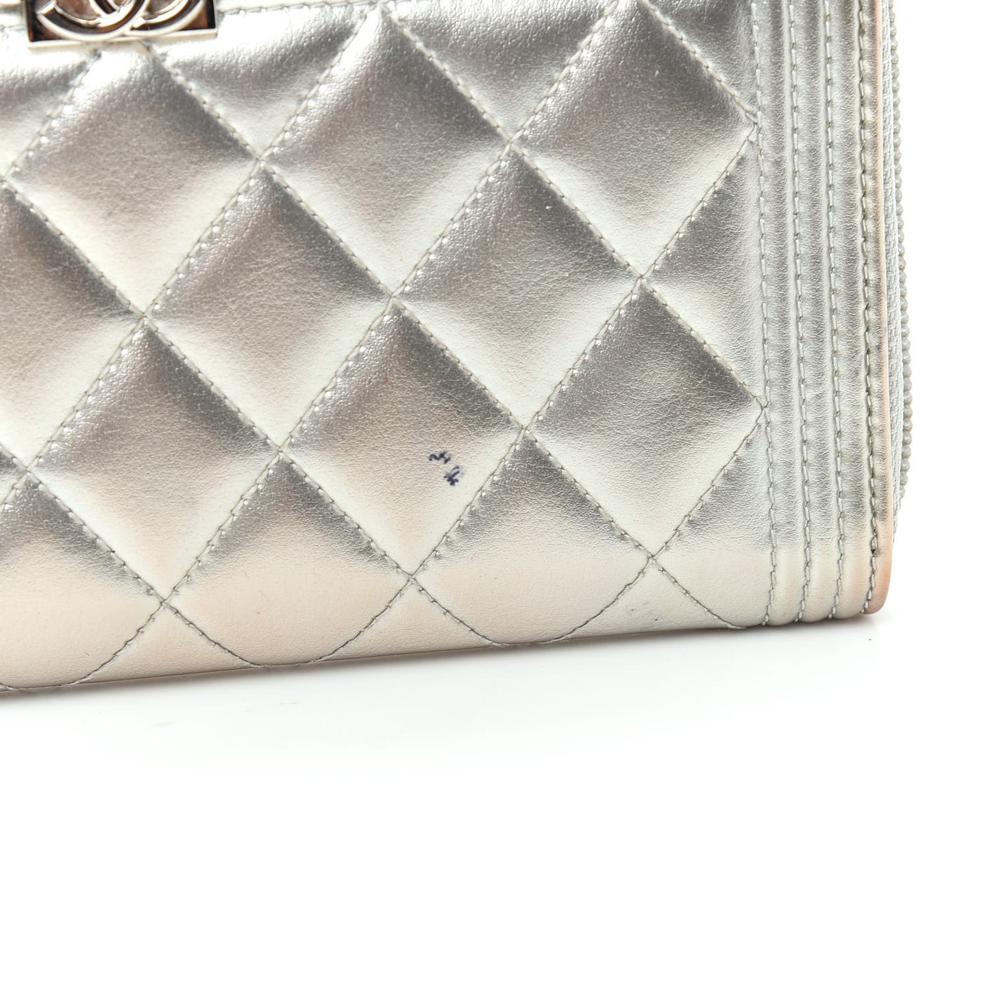 Metallic Calfskin Quilted Boy Zip Around Wallet Silver