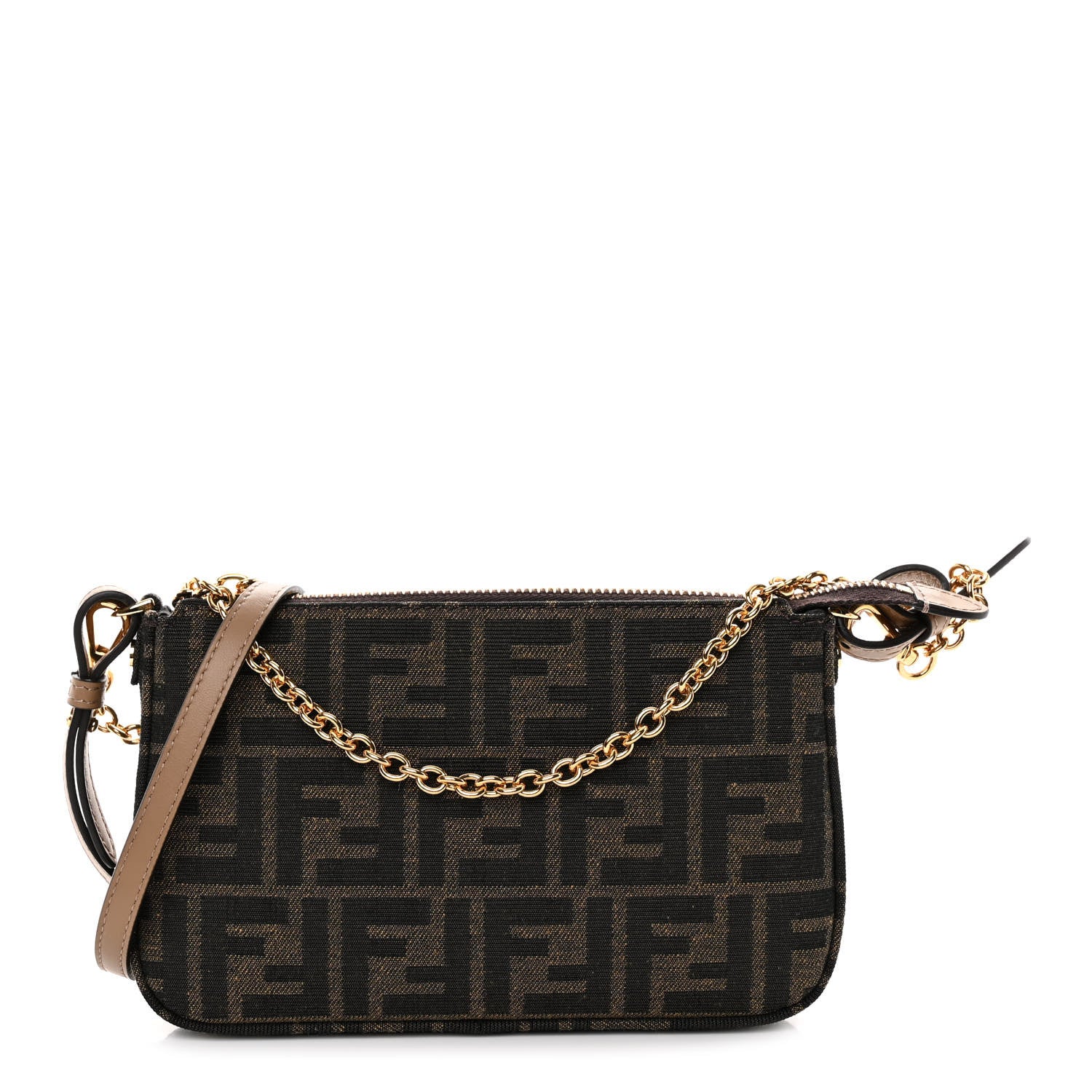 Fendi Fabric Jacquard Vitello Grace FF 1974 Baguette Pouch Tobacco Moro Sand 1 of 10