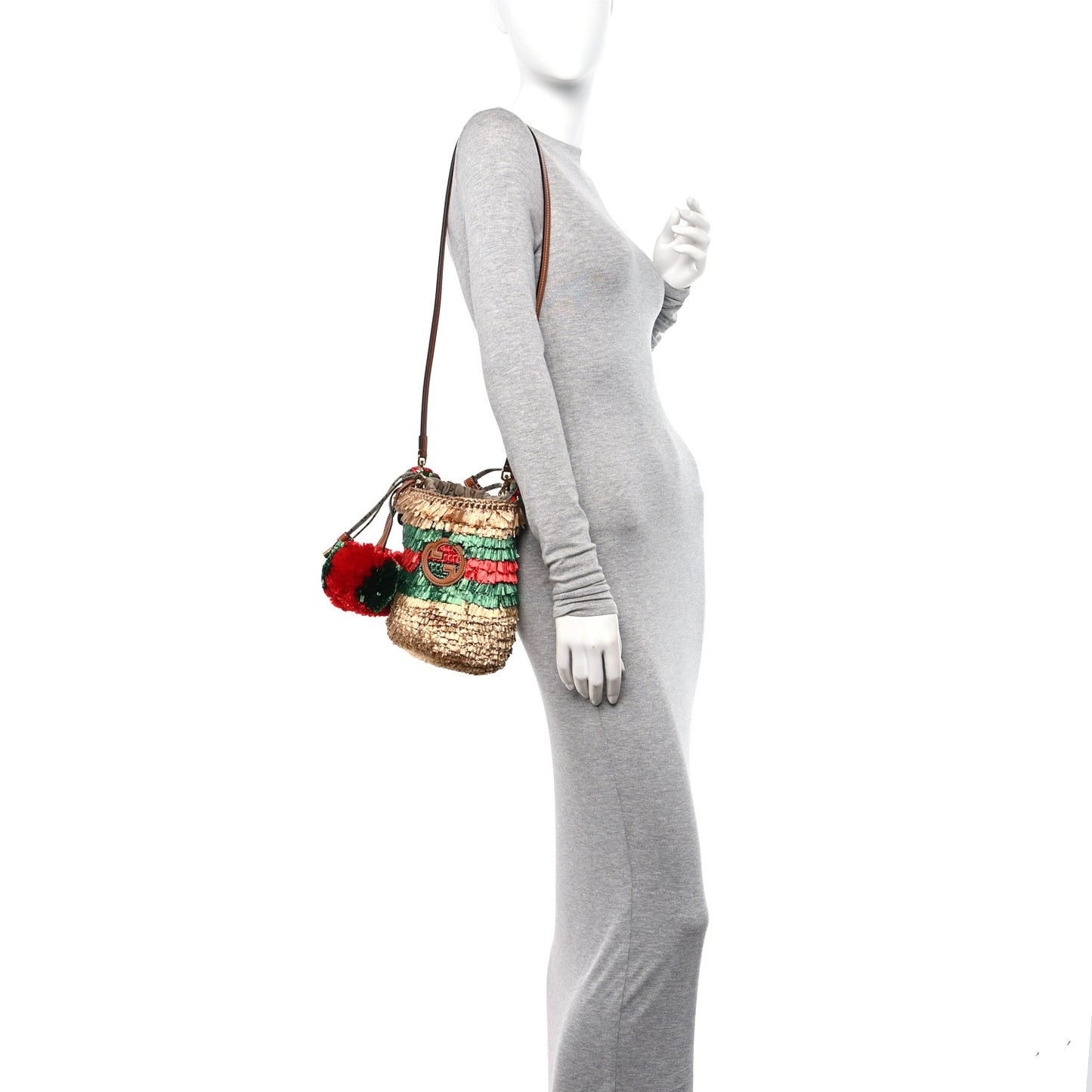 Raffia Fringe GG Top Handle Bag Bronze Natural Red Green