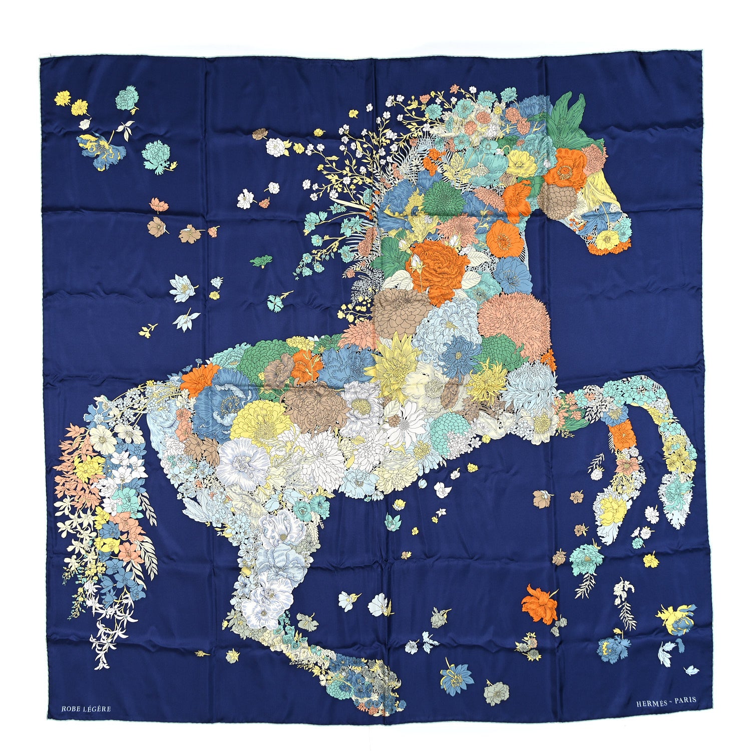 Hermes Silk Robe Legere Scarf 140 Marine Vert Orange 1885341
