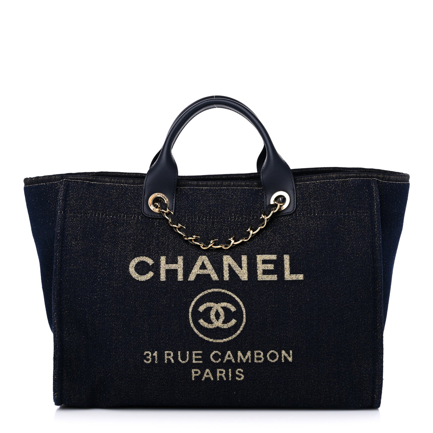 Lurex Canvas Medium Deauville Tote Navy Blue Gold