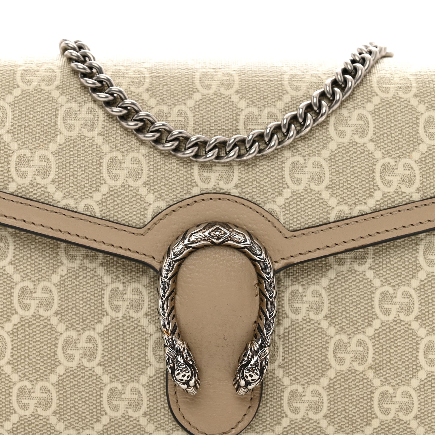 GG Supreme Monogram Textured Dollar Calfskin Mini Dionysus Chain Wallet Beige Mystic White Oatmeal