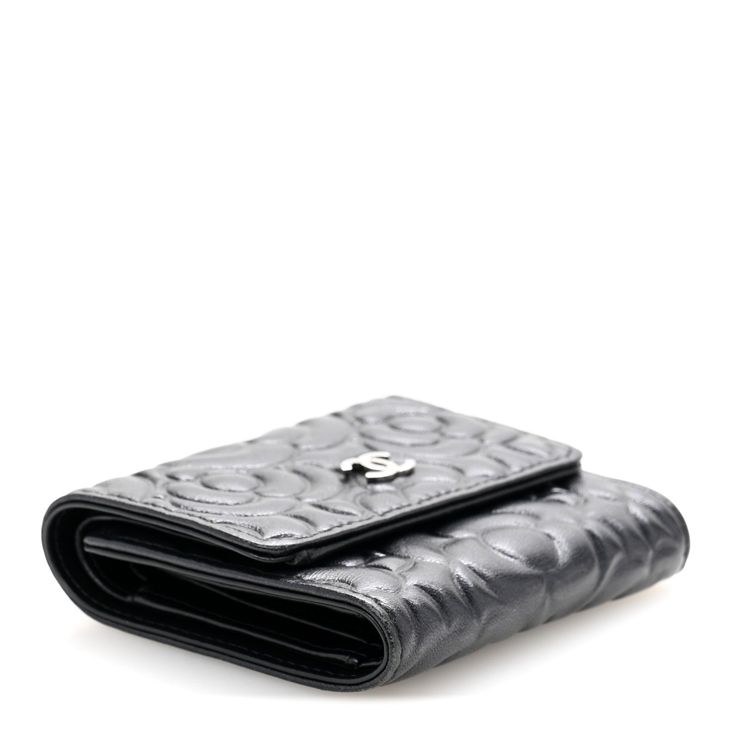 Chanel Lambskin Camellia Embossed Small Double Wallet Black 4 of 11