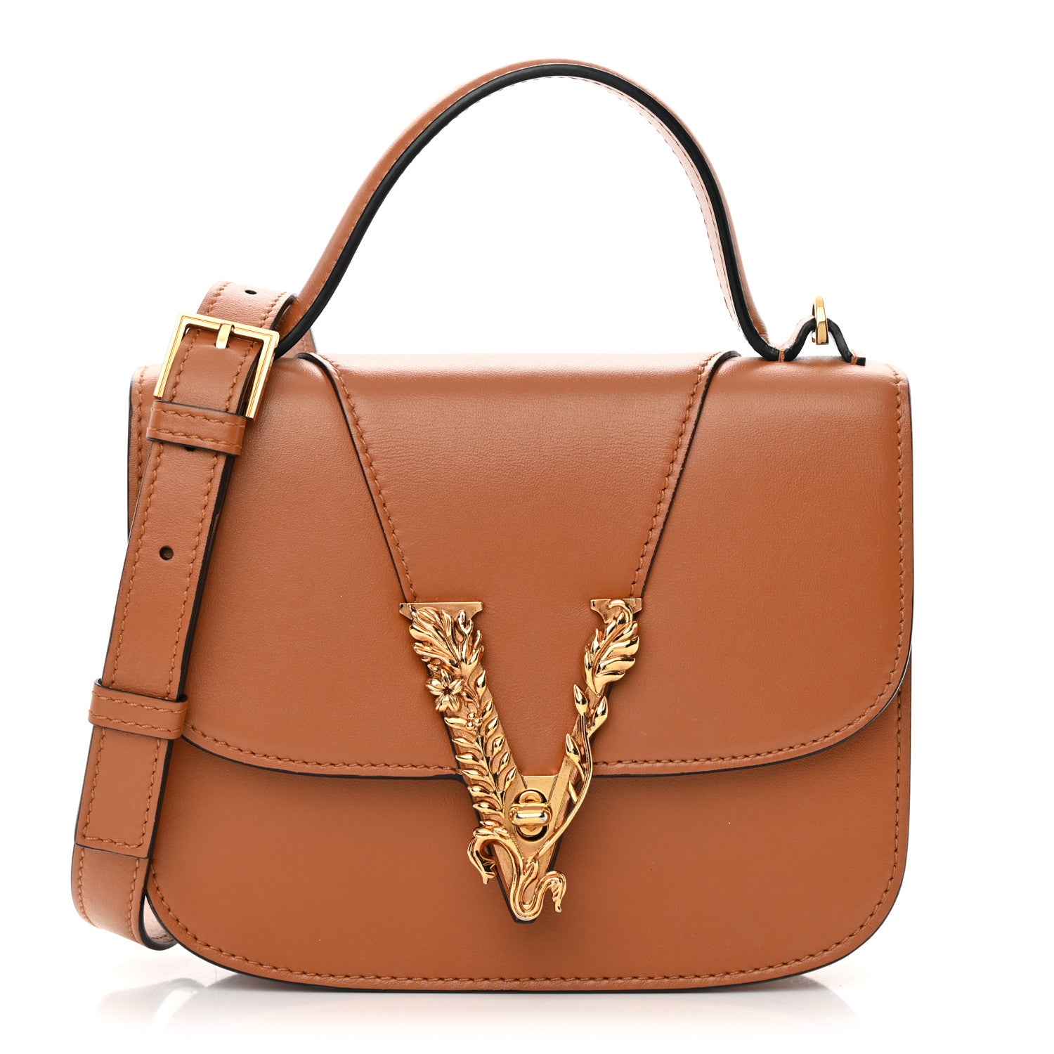 Versace Vitello Barocco Virtus V Small Top Handle Shoulder Bag Brown 1 of 19