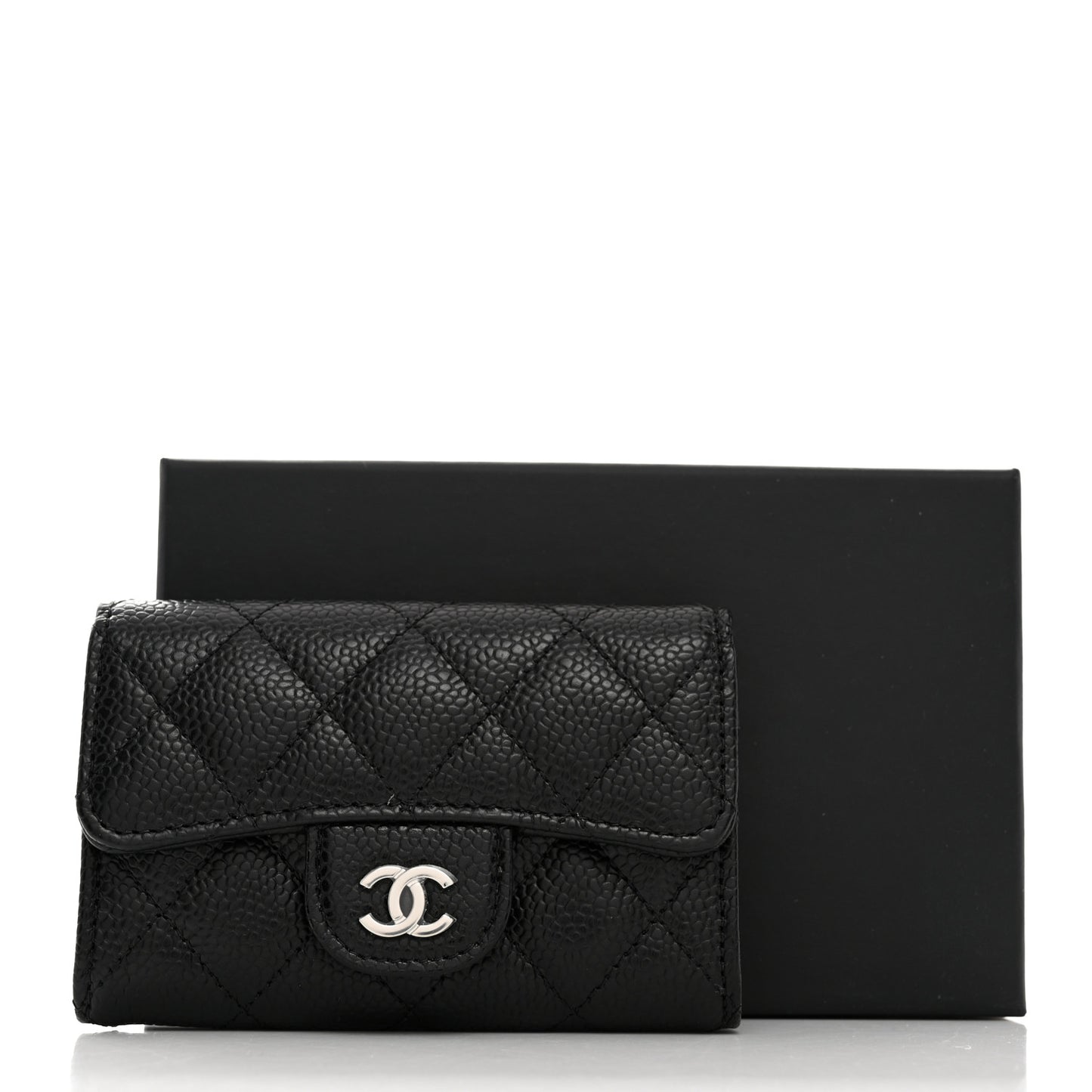 Caviar Quilted Flap Card Holder Wallet Black