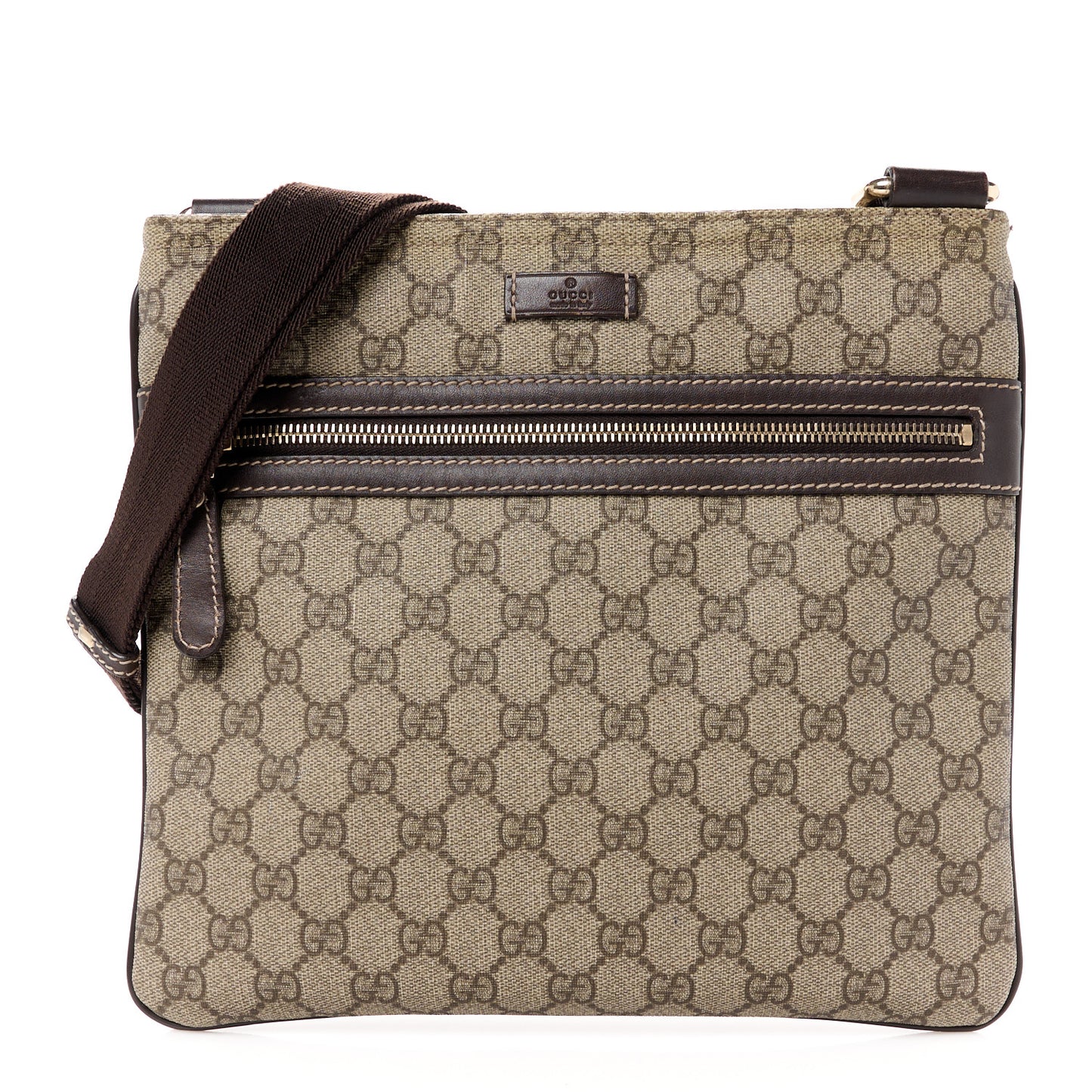 GG Supreme Monogram Selleria Calfskin Small Flat Side Zip Messenger Bag Beige Ebony Cocoa Dark Chocolate
