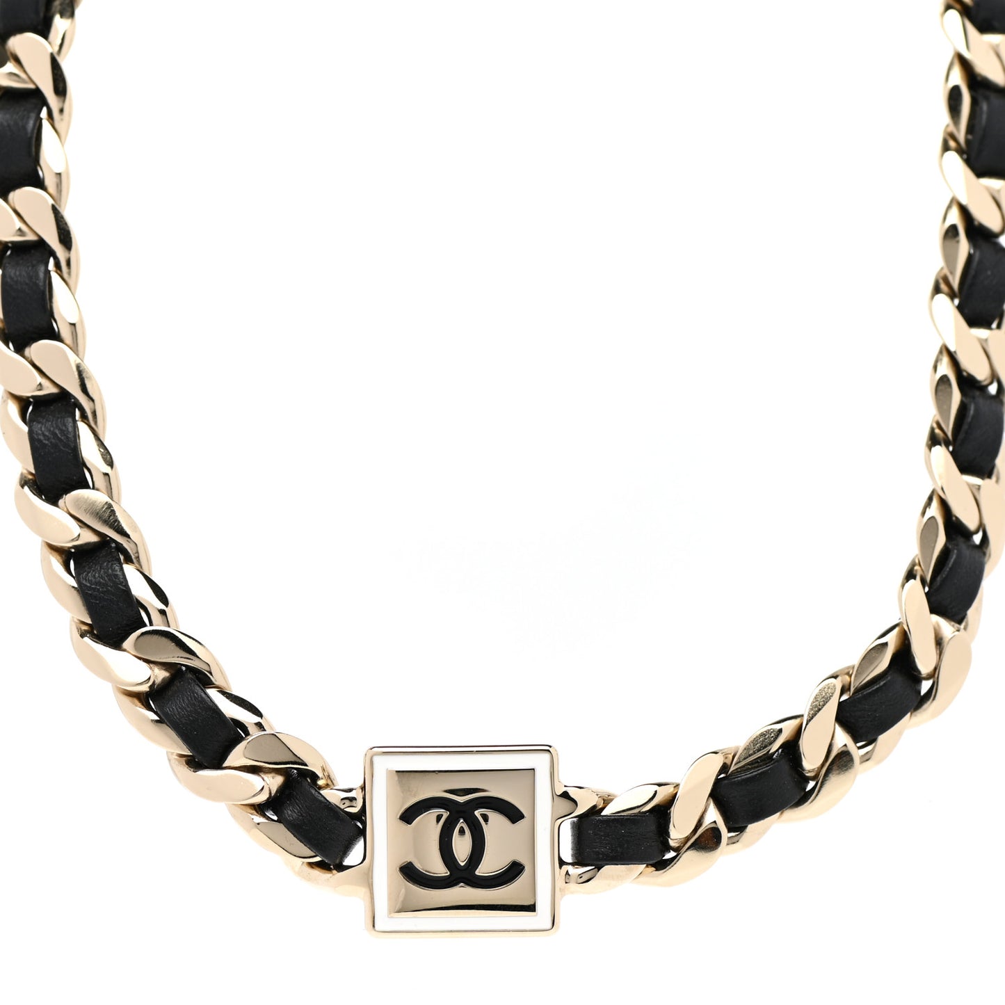 Metal Lambskin CC Square Choker Gold Black White