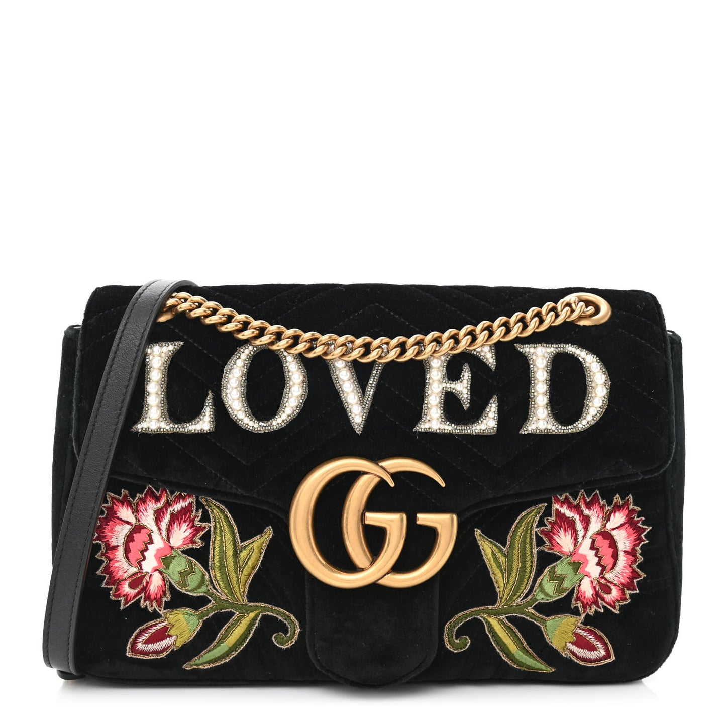 Velvet Matelasse Loved Embroidered Medium GG Marmont Shoulder Bag Black