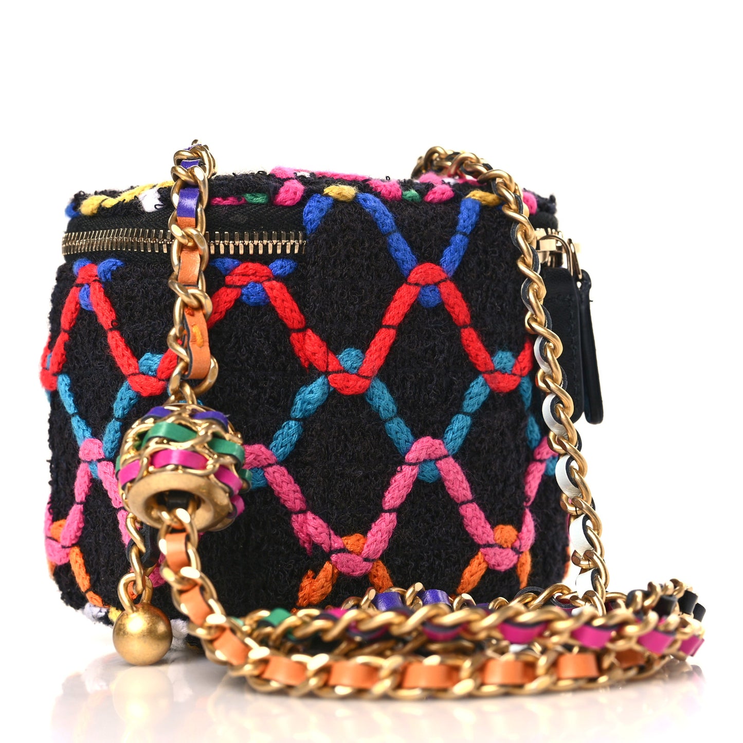 Tweed Diamond Threaded CC Pearl Crush Mini Vanity Case With Chain Black Multicolor
